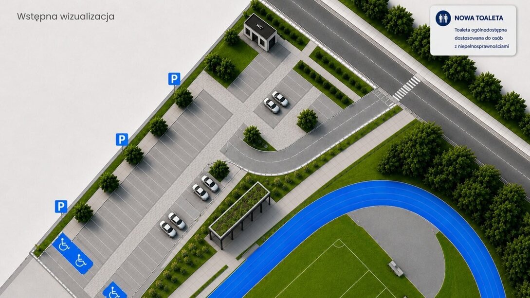 Projektowany parking z toaletą przy stadionie
